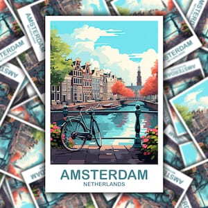 May include: A vintage-style postcard featuring a colorful illustration of Amsterdam, Netherlands. The postcard shows a canal with a bridge, a bicycle, and buildings in the background. The text "AMSTERDAM NETHERLANDS" is printed at the bottom of the postcard.