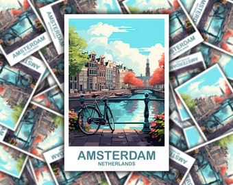 Amsterdam Travel Sticker Art, Netherlands Travel Art, Amsterdam Art Sticker, City Skyline Sunset Art | T2EU_NEAM2_S