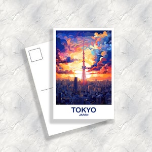 Tokyo Reisekunst Postkarte, Tokyo Skyline, Japan Wandkunst Postkarte, Stadt Skyline Postkarte, lebendiger Sonnenuntergang, Reisepostkarte | T2AS_JATO1_P
