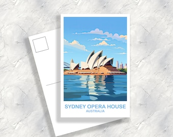May include: A postcard featuring a colorful illustration of the Sydney Opera House in Australia. The postcard has a blue sky with white clouds and a blue body of water with the Opera House reflected in it.