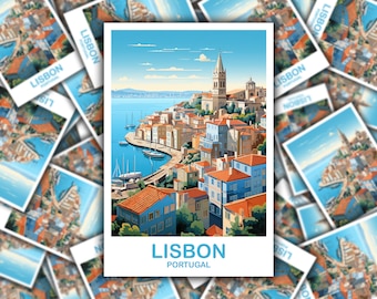 May include: A vintage-style postcard featuring a colorful illustration of Lisbon, Portugal. The postcard shows a cityscape with buildings, a harbor, and boats. The text "LISBON PORTUGAL" is printed at the bottom of the postcard.