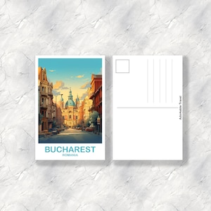 May include: A postcard featuring a colorful illustration of a street in Bucharest, Romania. The street is lined with buildings and a church with a blue dome is visible in the distance. The text "BUCHAREST ROMANIA" is printed at the bottom of the postcard.
