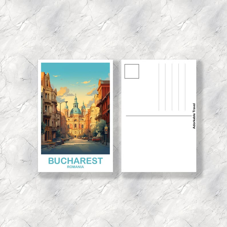 May include: A postcard featuring a colorful illustration of a street in Bucharest, Romania. The street is lined with buildings and a church with a blue dome is visible in the distance. The text "BUCHAREST ROMANIA" is printed at the bottom of the postcard.
