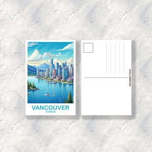 May include: A postcard featuring a colorful illustration of the Vancouver skyline with mountains in the background. The postcard says "Vancouver, Canada" at the bottom.