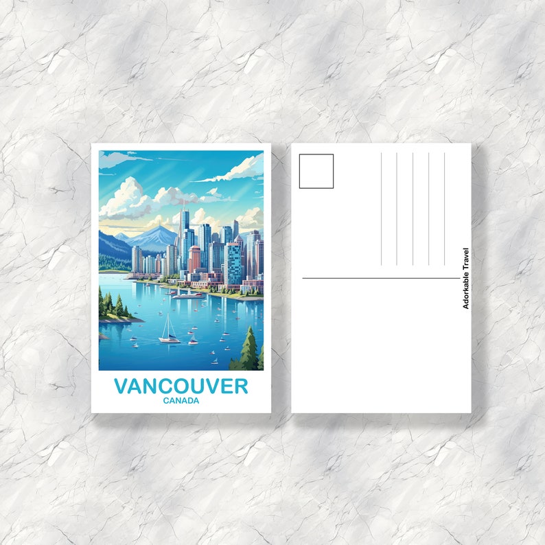 May include: A postcard featuring a colorful illustration of the Vancouver skyline with mountains in the background. The postcard says "Vancouver, Canada" at the bottom.