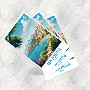 May include: Three postcards stacked on top of each other with a colorful illustration of a beach scene with a town in the background. The text on the postcards reads "Majorca Spain".