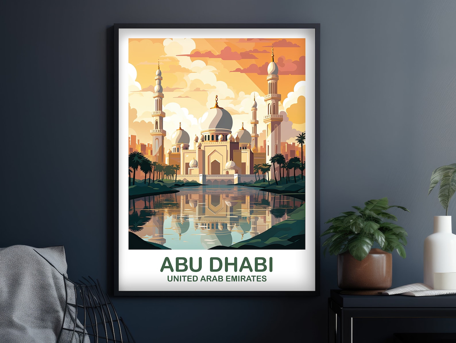 Afiche Retro Del Perfil Urbano De Abu Dhabi. Ilustración Vectorial