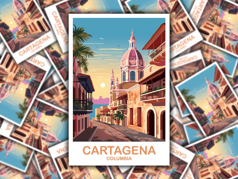 May include: A postcard with a colorful illustration of a street scene in Cartagena, Colombia. The street is lined with buildings with balconies and a large church in the background. The text on the postcard reads 'Cartagena, Colombia'.