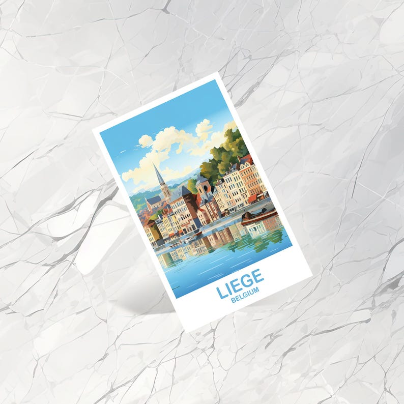 May include: A white rectangular print featuring a colorful illustration of a European city with a river and buildings. The print has the text "LIEGE" and "BELGIUM" in blue at the bottom.