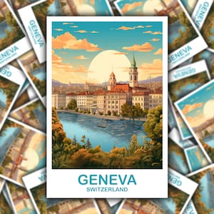 Arte da etiqueta do curso de Genebra, etiqueta da arte da Suíça de Genebra, etiqueta da arte da Suíça, arte do pôr do sol do horizonte da cidade | T2EU_SWGE2_S