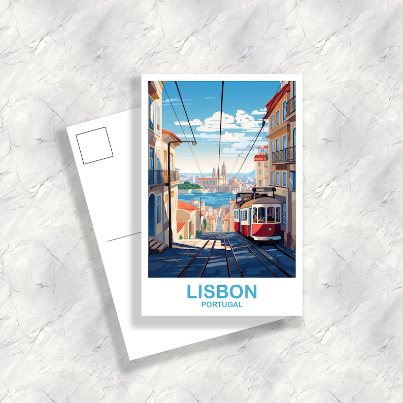 May include: A postcard featuring a colorful illustration of a red and white tram traveling up a hill in Lisbon, Portugal. The tram is surrounded by buildings and the city skyline can be seen in the background. The text "LISBON PORTUGAL" is printed at the bottom of the postcard.