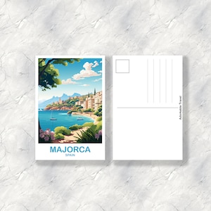 May include: A postcard featuring a colorful illustration of a coastal town in Majorca, Spain. The postcard has a blue sky with white clouds, a blue sea with two boats, and a town with buildings in shades of yellow, orange, and red. The text "MAJORCA SPAIN" is printed at the bottom of the postcard.