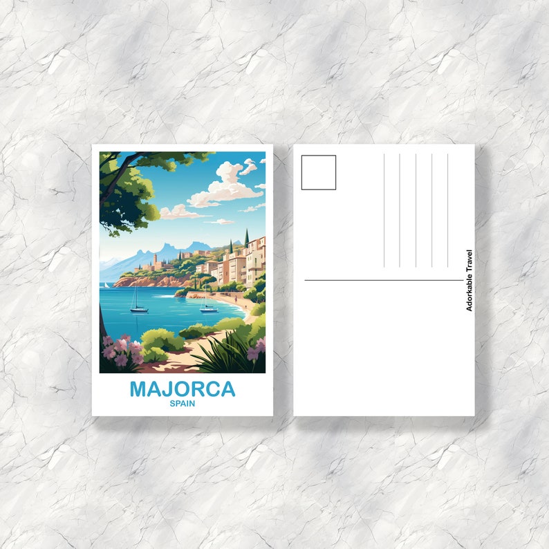 May include: A postcard featuring a colorful illustration of a coastal town in Majorca, Spain. The postcard has a blue sky with white clouds, a blue sea with two boats, and a town with buildings in shades of yellow, orange, and red. The text "MAJORCA SPAIN" is printed at the bottom of the postcard.