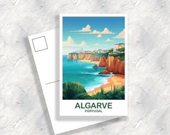 May include: A postcard featuring a colorful illustration of a beach scene in Algarve, Portugal. The postcard shows a rocky coastline with a sandy beach, blue ocean, and a town in the distance. The text "ALGARVE PORTUGAL" is printed at the bottom of the postcard.