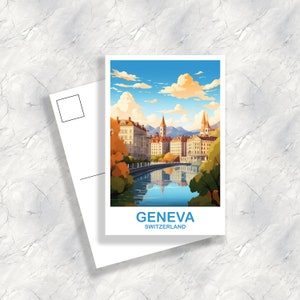 Geneva Travel Postcard Art, Geneva Switzerland Postcard Art, Switzerland Art Postcard, City Skyline Sunset Art | T2EU_SWGE1_P