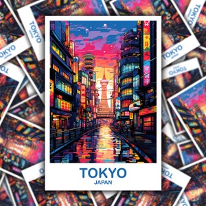 Sticker artistique de voyage à Tokyo, Sticker horizon de Tokyo, Sticker artistique Japon, Sticker horizon ville, Coucher de soleil éclatant, Sticker de voyage | T2AS_JATO3_S
