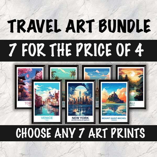 7 impresiones de arte de viaje personalizadas, arte de pared de viaje, conjunto de siete impresiones de arte de pared de ciudad, arte de pared de ciudad personalizado, paquete de viaje