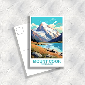 May include: A postcard with an illustration of Mount Cook, New Zealand. The image shows a snow-covered mountain range, a turquoise lake, and golden grasslands under a blue sky. The text "MOUNT COOK NEW ZEALAND" is printed at the bottom of the postcard.