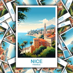 May include: A collection of postcards featuring a scenic illustration of Nice, France. The artwork depicts a coastal town with red-roofed buildings, palm trees, and a clear blue sky. The word "NICE" and "FRANCE" are printed on the bottom of the postcard.