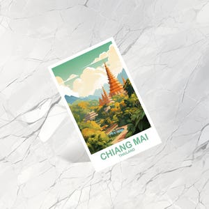 May include: A postcard featuring a vibrant illustration of a temple complex in Chiang Mai, Thailand. The artwork showcases orange-roofed structures amidst lush green foliage, with the text "CHIANG MAI THAILAND" at the bottom.