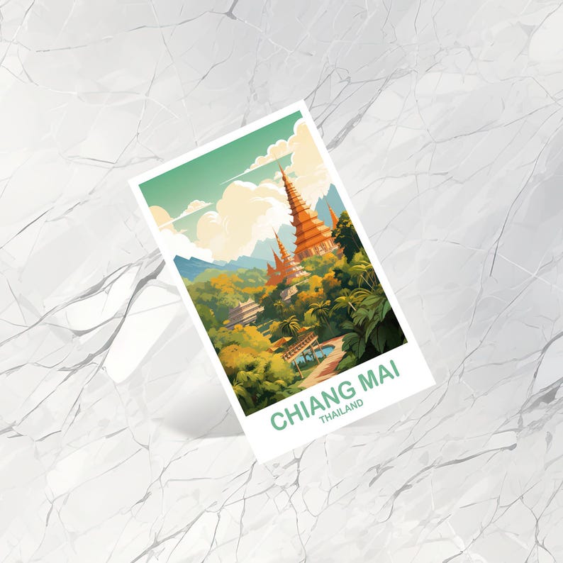 May include: A postcard featuring a vibrant illustration of a temple complex in Chiang Mai, Thailand. The artwork showcases orange-roofed structures amidst lush green foliage, with the text "CHIANG MAI THAILAND" at the bottom.