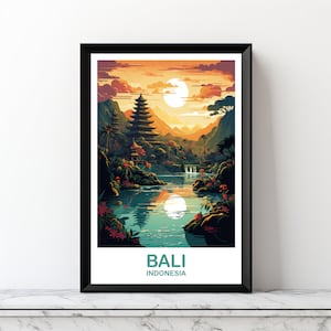 Arte de parede de viagem em Bali, horizonte de Bali, arte de parede de Bali, Indonésia para impressão, arte de parede do horizonte da cidade, pôr do sol vibrante, arte de parede de viagem | DT2AS_INDBA1