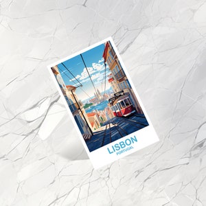 May include: A vintage-style postcard featuring a red and white tram traveling up a hill in Lisbon, Portugal. The postcard has the text "LISBON PORTUGAL" at the bottom.