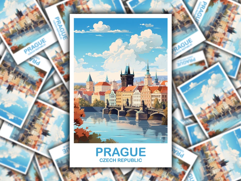 May include: A vintage travel poster featuring a colorful illustration of Prague, Czech Republic. The poster depicts the Charles Bridge, a historic bridge spanning the Vltava River, with the city's skyline in the background. The sky is blue with white clouds, and the river is a vibrant blue.