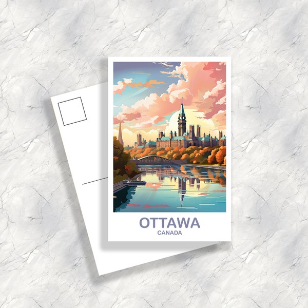 Carte postale de voyage d’Ottawa, Art de voyage de l’Ontario, Carte postale d’art d’Ottawa, Art mural de l’horizon de la ville, Colline du Parlement canadien | T2NA_ONOT2_P