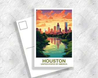 Houston Texas Travel Postcard, Houston Postcard, Texas Postcard Art, Houston Texas Postcard, Travel Postcard, USA Postcard | T2NA_TEHO1_P
