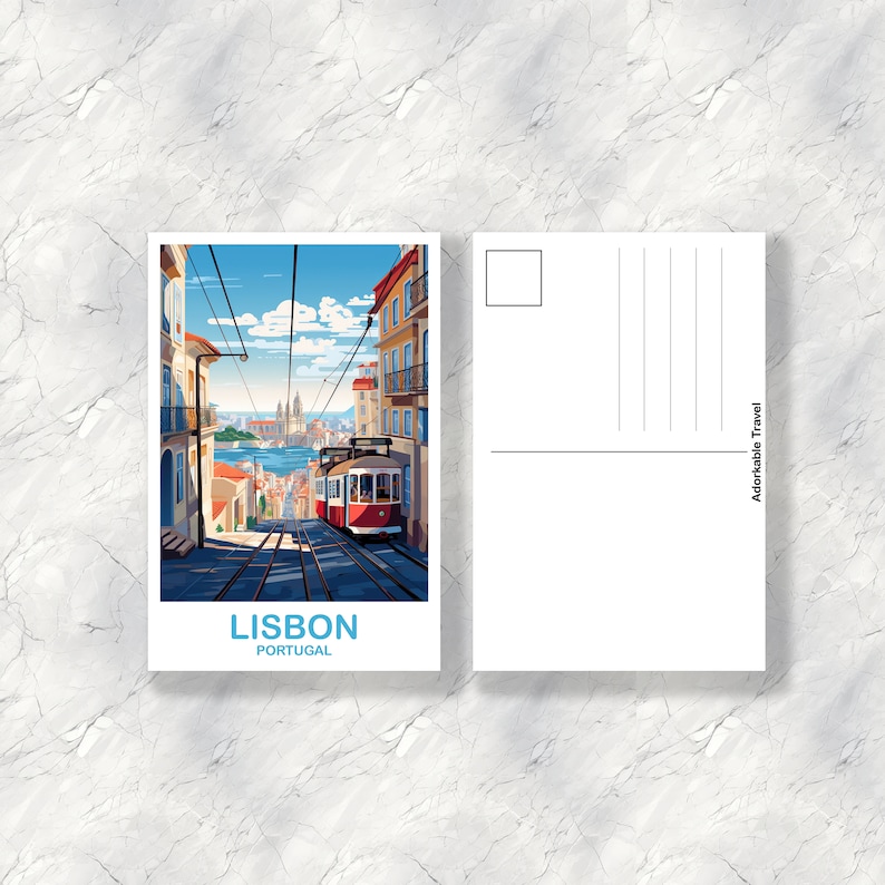 May include: A postcard featuring a colorful illustration of a red tram traveling up a hill in Lisbon, Portugal. The postcard has the text "LISBON PORTUGAL" at the bottom.