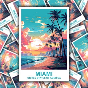 Adesivo da viaggio Miami Florida, Adesivo da viaggio Miami, Adesivo artistico Florida, Adesivo artistico Skyline della città, Adesivo artistico Miami / T2NA_FLMI1_S