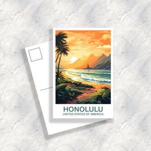 Arte de postal de viaje de Honolulu, arte de postal de viaje de Hawái, postal de arte de pared de Honolulu, arte del horizonte de la ciudad, postal de viaje de EE. UU. / T2NA_HAHO2_P