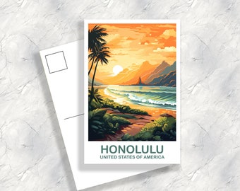 Honolulu Travel Postcard Art, Hawaii Travel Postcard Art, Honolulu Wall Art Postcard, City Skyline Art, USA Travel Postcard | T2NA_HAHO2_P