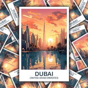 Stickers artistiques de voyage à Dubaï, Skyline de Dubaï, Stickers artistiques de Dubaï, Stickers artistiques horizon de la ville, Coucher de soleil éclatant, Stickers artistiques de voyage | T2AS_UAEDU2_S