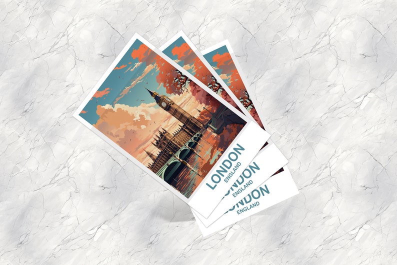Carte postale d'art de voyage à Londres, art de voyage à Londres, carte postale d'Angleterre, art de carte postale de voyage de Big Ben, art de voyage d'Angleterre T2EU_ENL03_P image 3
