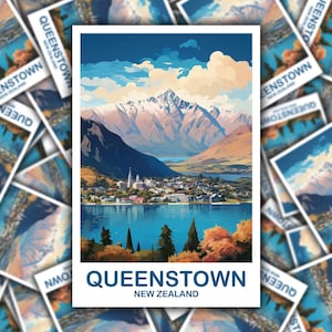 May include: A postcard featuring a scenic view of Queenstown, New Zealand. The image showcases a lake, mountains, and a town. The postcard has the text "QUEENSTOWN NEW ZEALAND" at the bottom. The postcard is surrounded by other postcards.