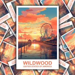 May include: A Wildwood, United States of America, art print featuring a Ferris wheel, pier, and sunset. The sky is filled with orange and blue hues, reflecting on the water. The print has the word "WILDWOOD" in orange text.
