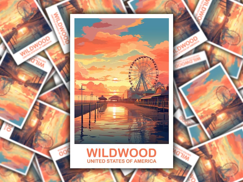 May include: A Wildwood, United States of America, art print featuring a Ferris wheel, pier, and sunset. The sky is filled with orange and blue hues, reflecting on the water. The print has the word "WILDWOOD" in orange text.