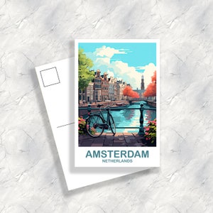 Amsterdam Travel Postcard Art, Netherlands Postcard Art, Amsterdam Art Postcard, City Skyline Sunset Art | T2EU_NEAM2_P