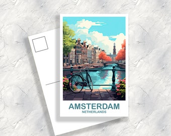 Amsterdam Travel Postcard Art, Netherlands Postcard Art, Amsterdam Art Postcard, City Skyline Sunset Art | T2EU_NEAM2_P