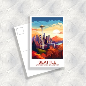 Seattle Travel Postcard Art, Postal Seattle Skyline, Postal Seattle, Postal City Skyline Sunset, Norteamérica, Postal / T2NA_WASE1_P
