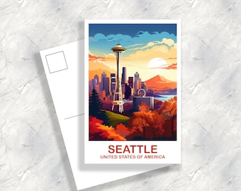 May include: A postcard featuring a colorful illustration of the Seattle skyline with the Space Needle, a sunset, and fall foliage. The text "SEATTLE UNITED STATES OF AMERICA" is at the bottom of the postcard.