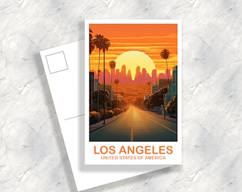 Carte postale de voyage à Los Angeles, carte postale de voyage en Californie, affiche d'art de Los Angeles, carte postale sur les toits de la ville, carte postale de voyage | T2NA_CALA1_P