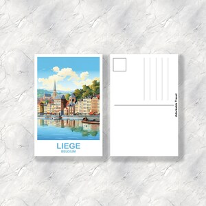 May include: A postcard featuring a watercolor painting of Li&egrave;ge, Belgium, with a river and buildings. The front of the postcard has the city name and country. The back is blank with lines for writing and a space for a stamp. The postcard is on a marble background.