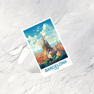 Pode incluir: Um cart&atilde;o postal com uma ilustra&ccedil;&atilde;o colorida da bas&iacute;lica da Sagrada Fam&iacute;lia em Barcelona, Espanha. O cart&atilde;o postal tem uma borda azul e o texto "BARCELONA ESPANHA" em azul.