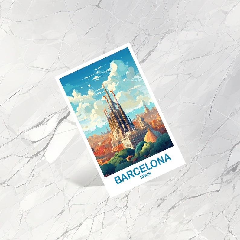 Pode incluir: Um cart&atilde;o postal com uma ilustra&ccedil;&atilde;o colorida da bas&iacute;lica da Sagrada Fam&iacute;lia em Barcelona, Espanha. O cart&atilde;o postal tem uma borda azul e o texto "BARCELONA ESPANHA" em azul.