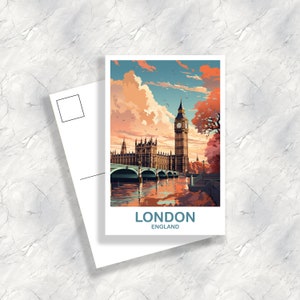 Carte postale d'art de voyage à Londres, art de voyage à Londres, carte postale d'Angleterre, art de carte postale de voyage de Big Ben, art de voyage d'Angleterre T2EU_ENL03_P image 1