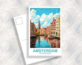 Amsterdam Travel Postcard Art, Netherlands Postcard Art, Amsterdam Art Postcard, City Skyline Sunset Art | T2EU_NEAM1_P