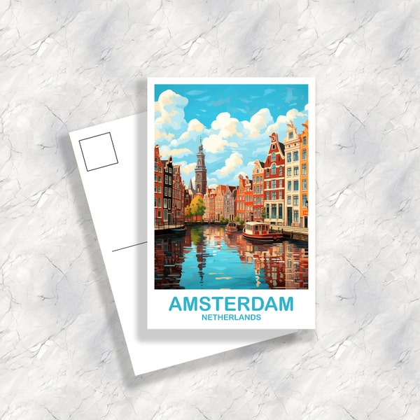 Art de carte postale de voyage d’Amsterdam, Art de carte postale des Pays-Bas, Carte postale d’art d’Amsterdam, City Skyline Sunset Art | T2EU_NEAM1_P